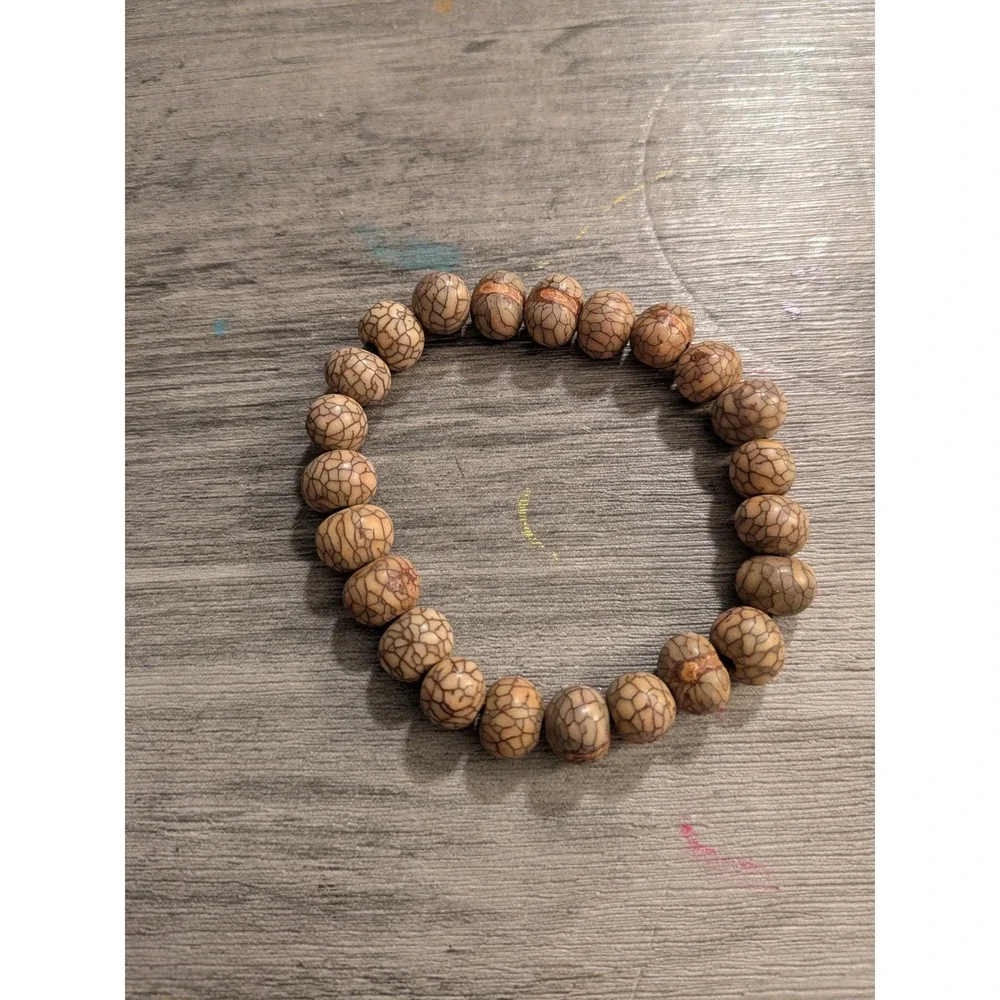 Natural‎ Wood Bead Stretch Bracelet Brown Tan Cracked Pattern Boho Spiritual